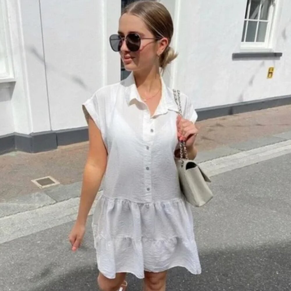Zara Rhinestone Button Tiered Mini Dress Oyster White NWT Size XL